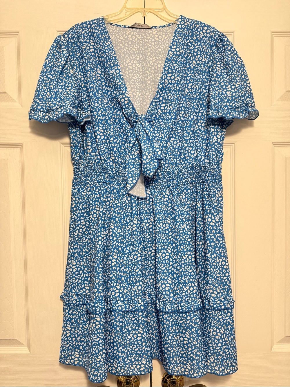 SHEIN Blue & White Tie-Front Flutter Sleeve Dress